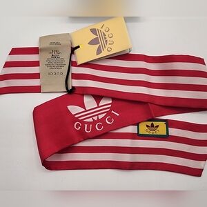 Gucci x Adidas Red & White Striped Silk Scarf NWT